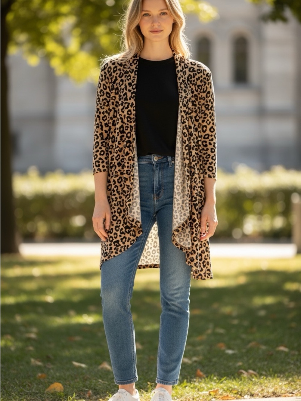 Leopard Print Open Front Cardigan - Tan & Black